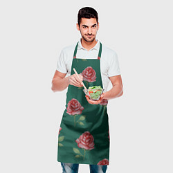 Фартук кулинарный Ярко красные розы на темно-зеленом фоне, цвет: 3D-принт — фото 2