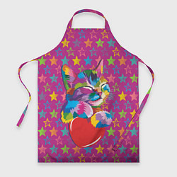 Фартук кулинарный Сердечный котик в поп-арте, цвет: 3D-принт