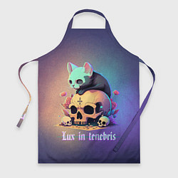 Фартук кулинарный Черный котенок на черепе мрачный неоновый фон, цвет: 3D-принт