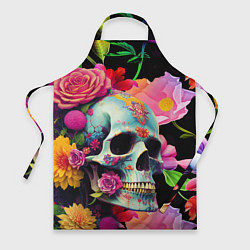 Фартук Skull on a background of flowers - irezumi