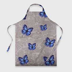 Фартук кулинарный Газетные обрывки и синие бабочки, цвет: 3D-принт