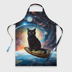 Фартук кулинарный Черный кот на космическом корабле летящий в космос, цвет: 3D-принт