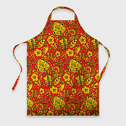 Фартук кулинарный Хохломская роспись золотистые цветы на красном фон, цвет: 3D-принт