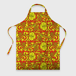 Фартук кулинарный Хохломская роспись золотистые цветы и ягоды на кра, цвет: 3D-принт