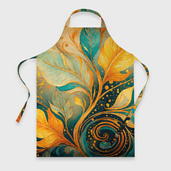 Фартук кулинарный Золотые и бирюзовые листья абстракция, цвет: 3D-принт
