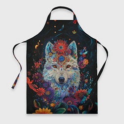 Фартук кулинарный Белый волк с цветами акварелью, цвет: 3D-принт