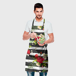 Фартук кулинарный Красные розы на черных полосках, цвет: 3D-принт — фото 2