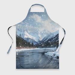 Фартук кулинарный Снежный горный пейзаж с елями и рекой, цвет: 3D-принт