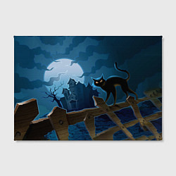 Холст прямоугольный Хэллоуин - чёрный кот на заборе, цвет: 3D-принт — фото 2