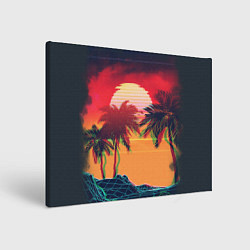 Холст прямоугольный Пальмы и пляж на закате с помехами VHS ретро дизай, цвет: 3D-принт