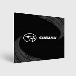 Холст прямоугольный Subaru speed на темном фоне со следами шин: надпис, цвет: 3D-принт