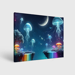 Холст прямоугольный Неоновые медузы и грибы - нейроарт фантазия, цвет: 3D-принт