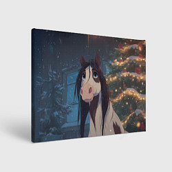 Картина прямоугольная Белая пятнистая новогодняя лошадка