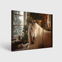 Холст прямоугольный Белая лошадка лежит у новогодней елки, цвет: 3D-принт