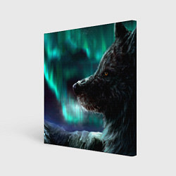 Картина квадратная Волк: северное сияние
