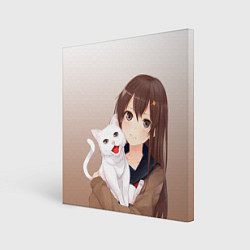 Холст квадратный Девочка и белый кот аниме, цвет: 3D-принт
