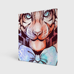 Картина квадратная Акварельный рыжий тигр с голубым бантом