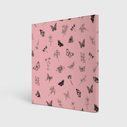 Холст квадратный Цветочки и бабочки на розовом фоне, цвет: 3D-принт