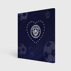 Картина квадратная Лого Manchester City в сердечке на фоне мячей