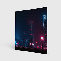 Картина квадратная Неоновый ночной город - Тёмно-розовый