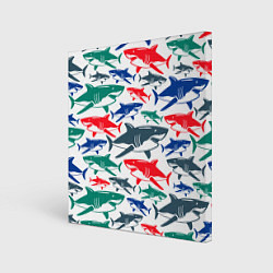 Холст квадратный Стая разноцветных акул - паттерн, цвет: 3D-принт