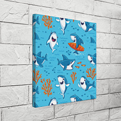 Холст квадратный Прикольные акулята - паттерн, цвет: 3D-принт — фото 2