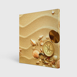 Картина квадратная Композиция из ракушек и компаса на песке