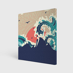 Картина квадратная Большая океанская волна и силуэт пустынного остров