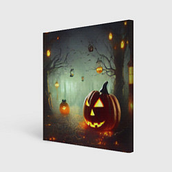 Картина квадратная Тыква на Хэллоуин в ночном туманном лесу