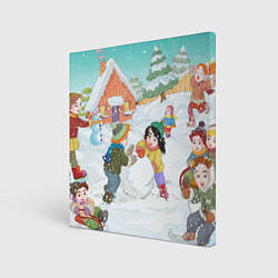 Картина квадратная Новогодние каникулы - дети лепят снеговика