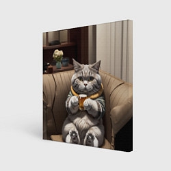 Холст квадратный Кот сидит на диване с напитком, цвет: 3D-принт