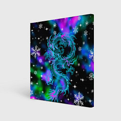 Картина квадратная Неоновый дракон в снежинках