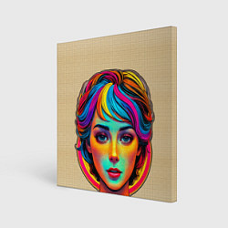 Холст квадратный Девушка с разноцветными волосами на клетчатом фоне, цвет: 3D-принт