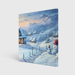 Картина квадратная Новогодний дворик со снеговиком