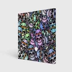 Холст квадратный Разноцветные черепа в кепке паттерн, цвет: 3D-принт
