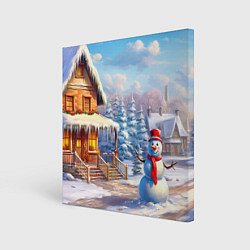 Картина квадратная Новогодняя деревня и снеговик