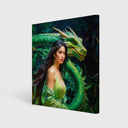 Картина квадратная Нейросеть - девушка с зелёным драконом