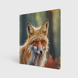 Картина квадратная Портрет лисы с осенними листьями