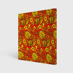 Холст квадратный Хохломская роспись золотистые цветы на красном фон, цвет: 3D-принт