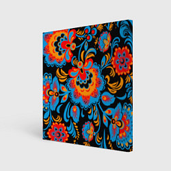 Холст квадратный Хохломская роспись разноцветные цветы на чёроном ф, цвет: 3D-принт