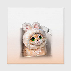 Холст квадратный Милый кот-мем в шапке с ушками - бежевый градиент, цвет: 3D-принт — фото 2