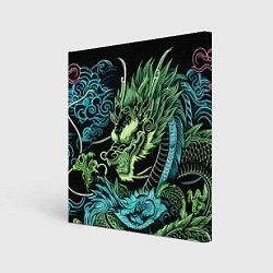 Холст квадратный Ирезуми - неоновый японский дракон, цвет: 3D-принт