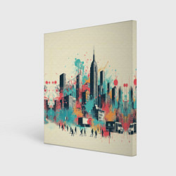 Картина квадратная Силуэты людей и небоскребов в брызгах краски