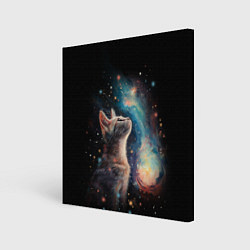 Холст квадратный Котик смотрит на небо космоса, цвет: 3D-принт