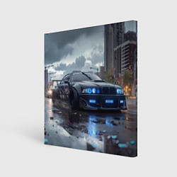 Холст квадратный BMW синие фары дождливая погода, цвет: 3D-принт