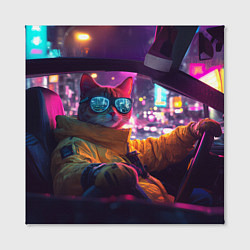 Холст квадратный Киберпанк - кот за рулем авто, цвет: 3D-принт — фото 2