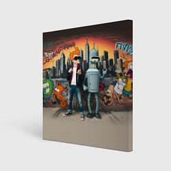Холст квадратный Фрай и Бендер на фоне стены с граффити, цвет: 3D-принт