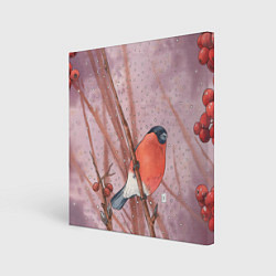 Холст квадратный Акварельный снегирь в рябине, цвет: 3D-принт