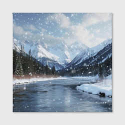 Холст квадратный Снежный горный пейзаж с елями и рекой, цвет: 3D-принт — фото 2