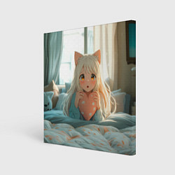 Картина квадратная Аниме девушка в кровати с сердцем